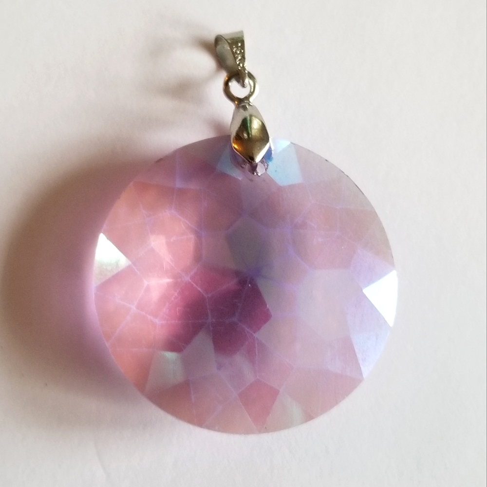 Iridescent Crystal pendant faceted prism pink purple blue silver tone